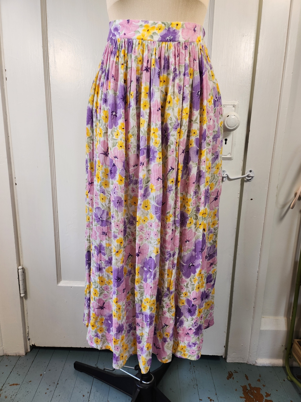 Vtg Pansy Viola Midi Maxi Skirt Pink Purple Yellow